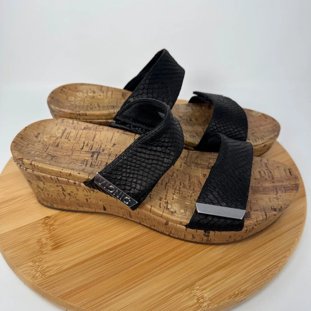 Vionic Pepper Black Snakeskin Leather Cork Wedge Slide Sandals TVW5251 Womens 10